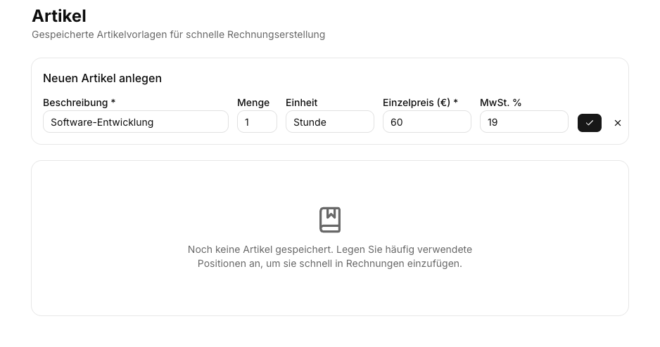 Artikelseite in SimplyBills: Neuen Artikel anlegen mit Beschreibung, Menge, Einheit und Preis
