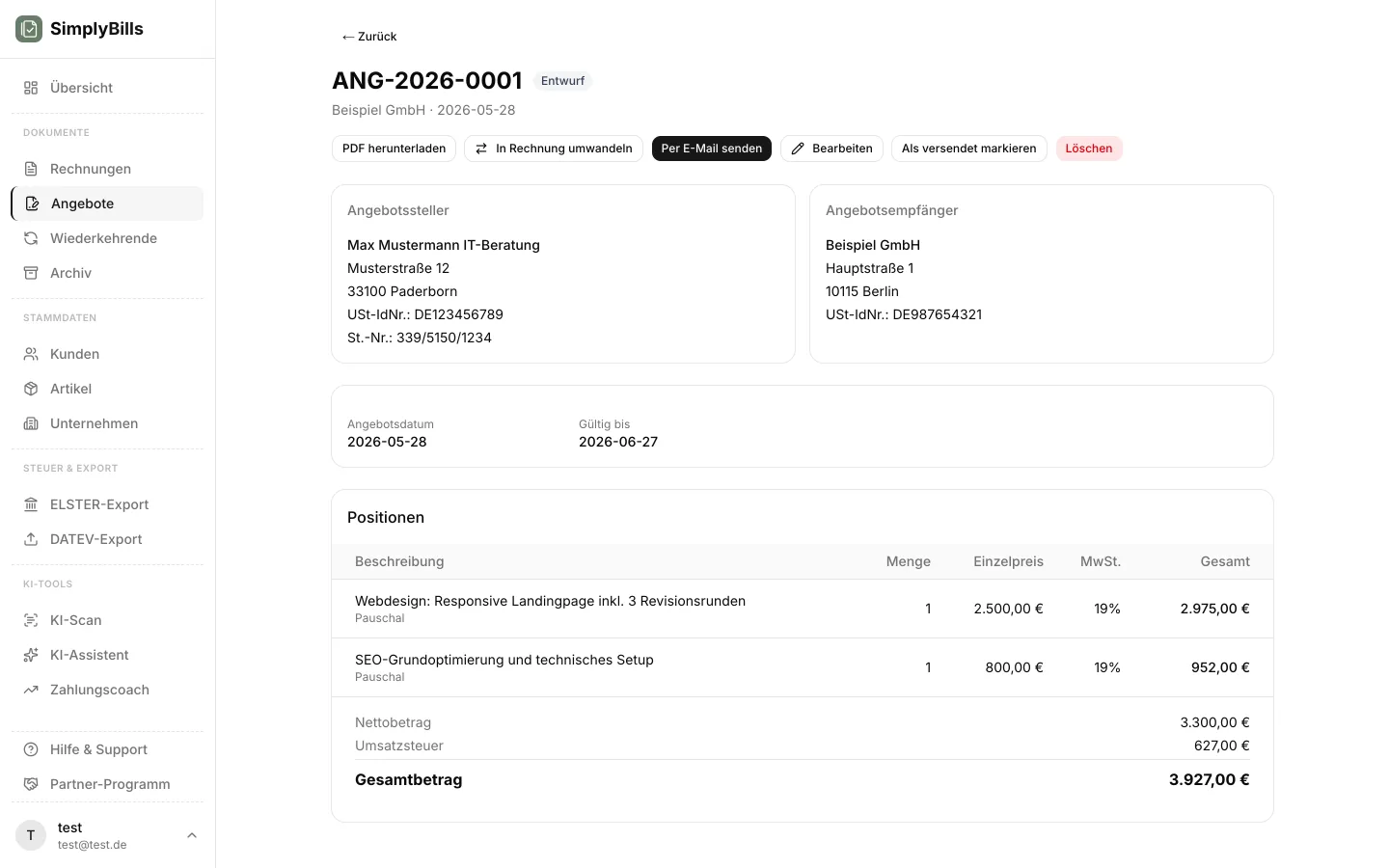 Angebot mit einem Klick in Rechnung umwandeln