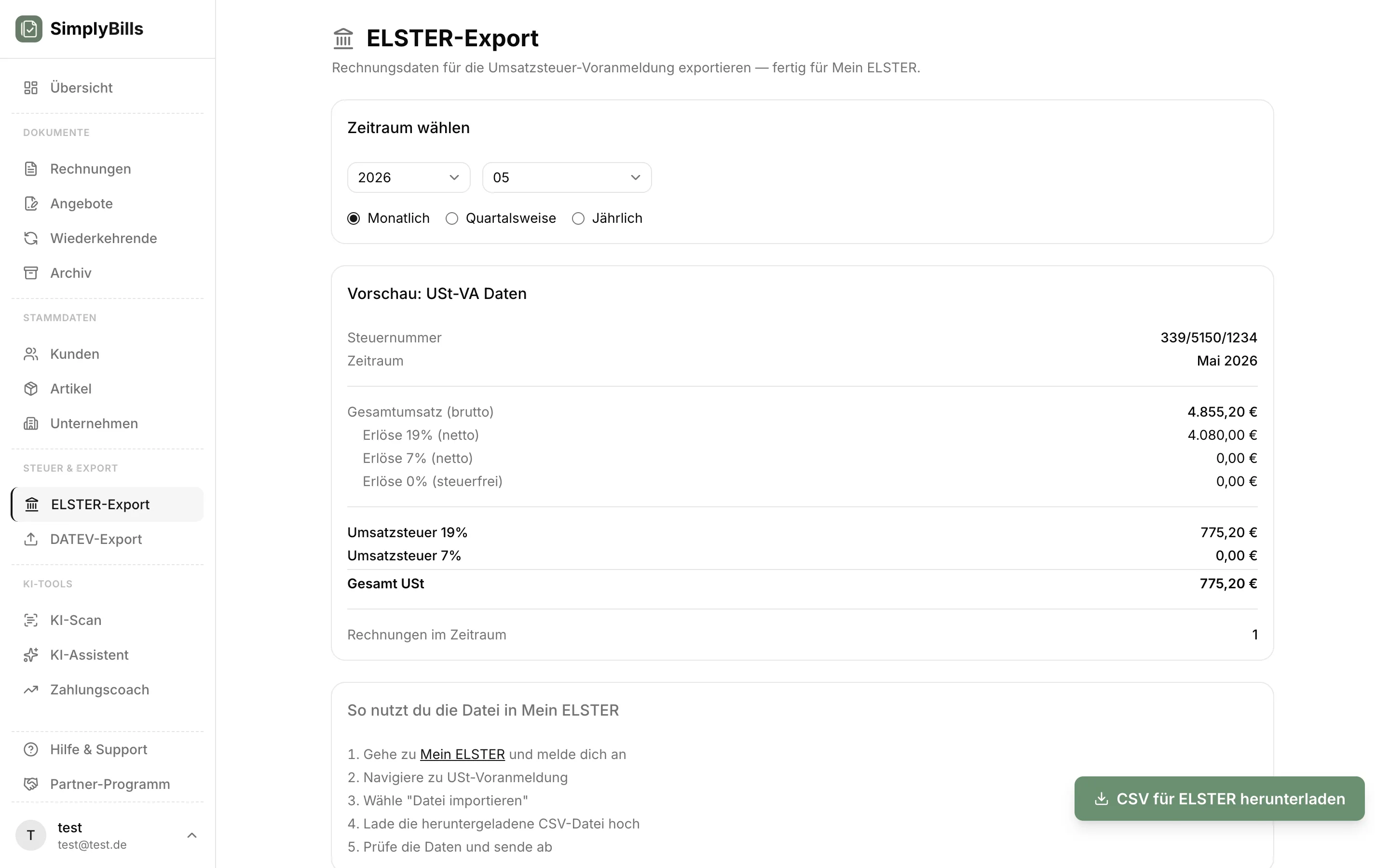 CSV-Export aus SimplyBills mit Rechnungsdaten für die EÜR