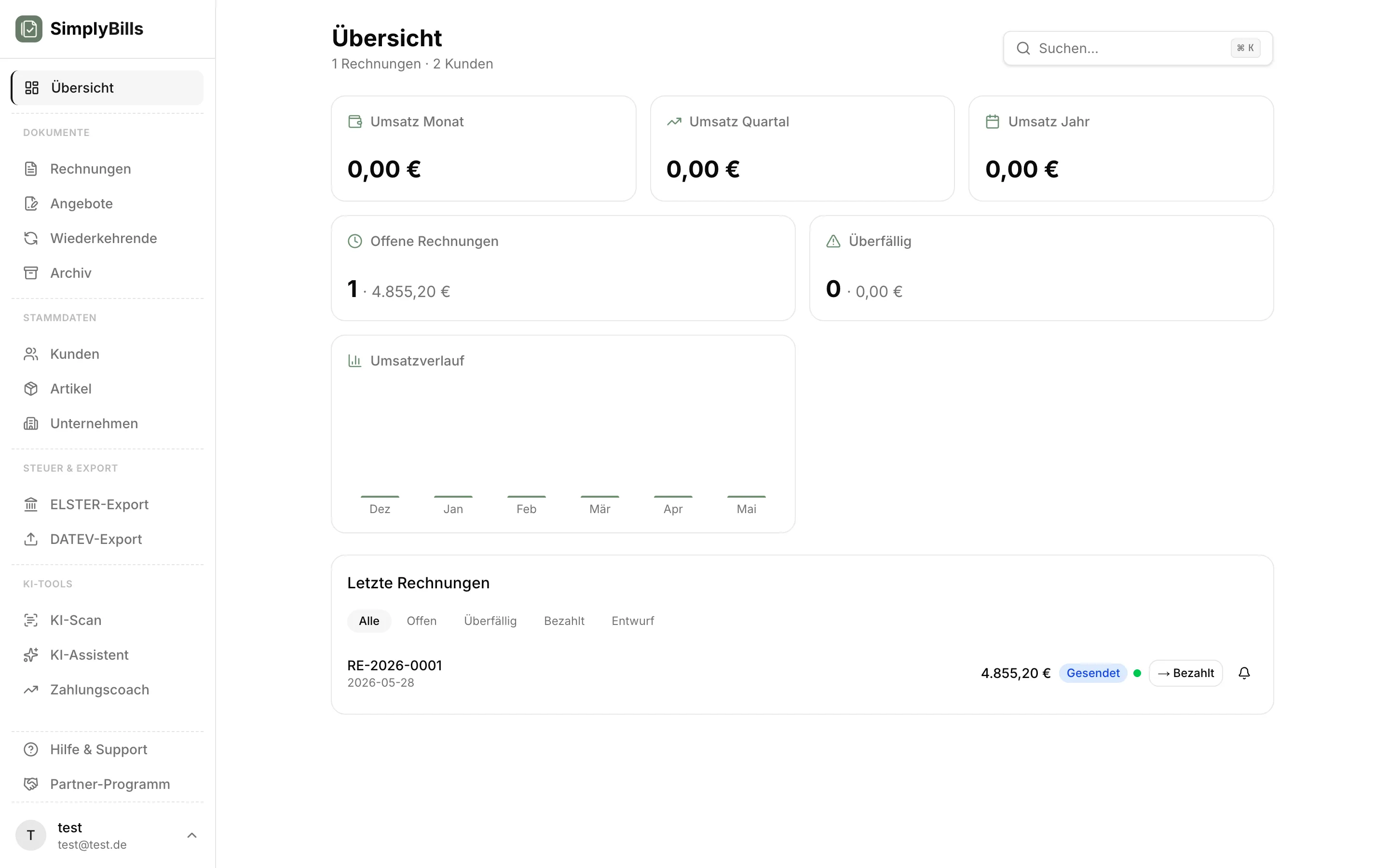 SimplyBills Dashboard mit Rechnungsuebersicht