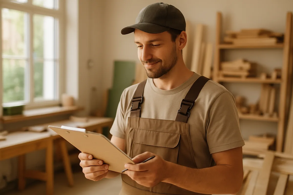 Handwerker in der Werkstatt bei der Arbeit, typische gewerbliche Tätigkeit