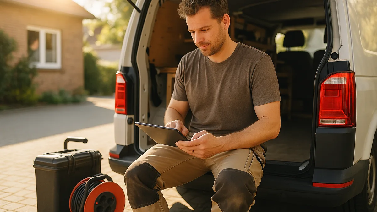 Handwerker schreibt eine Rechnung mit Lohn- und Materialkosten auf dem Tablet
