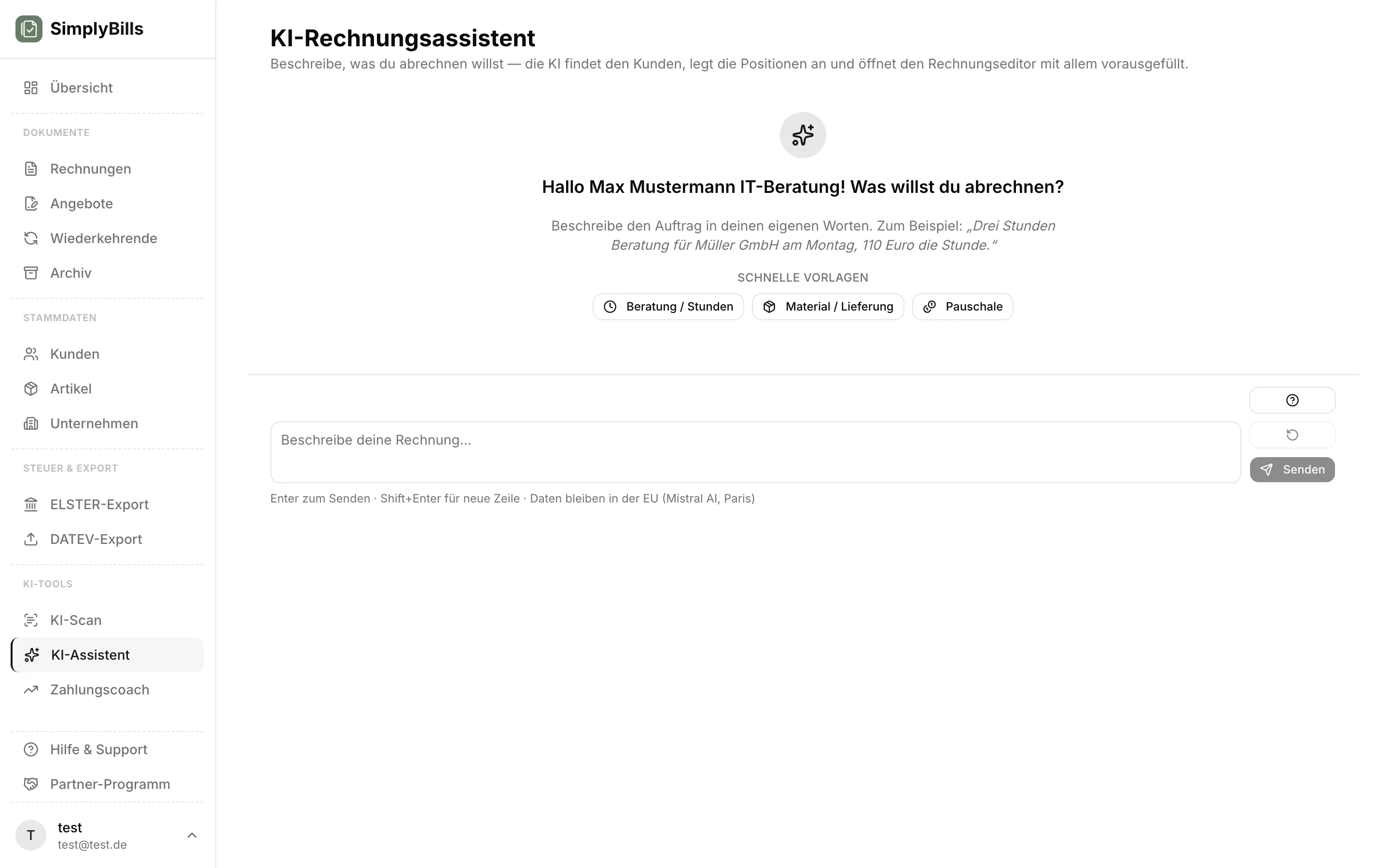 Chat-Fenster mit der Eingabe einer Rechnung in natürlicher Sprache, die über die KI-Schnittstelle an SimplyBills geht