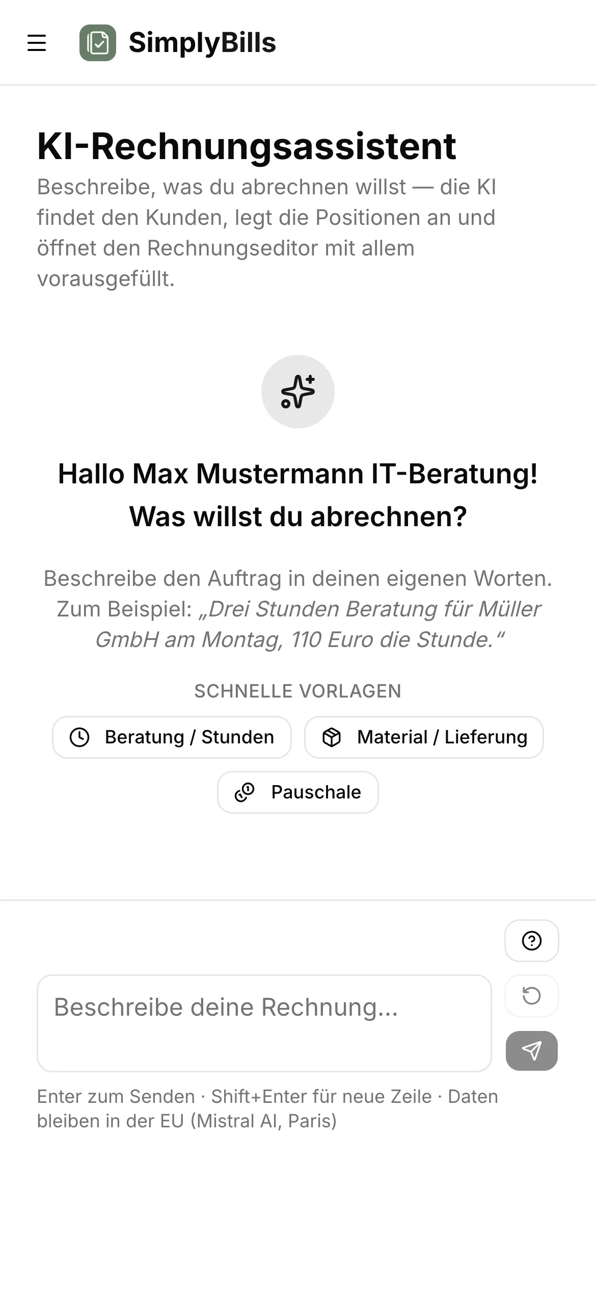 Rechnung per Chat auf dem Smartphone, mobil bedient mit einer Hand über die verbundene KI-App