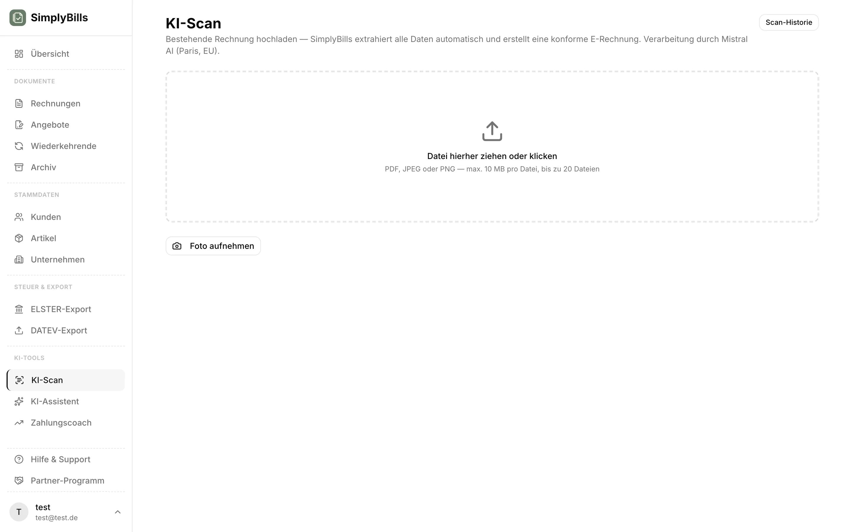 PDF-Upload für KI-Scan in SimplyBills