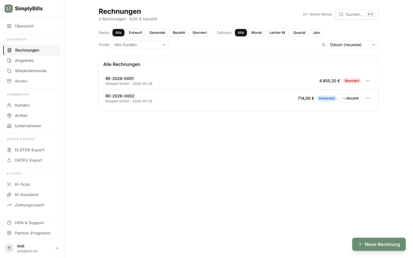 Übersicht offener und überfälliger Rechnungen in SimplyBills, sortiert nach Fälligkeit