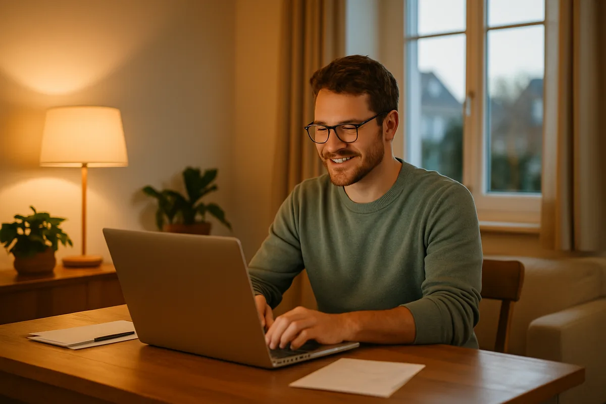 Person arbeitet abends am Laptop an einem Nebenprojekt neben dem Hauptjob
