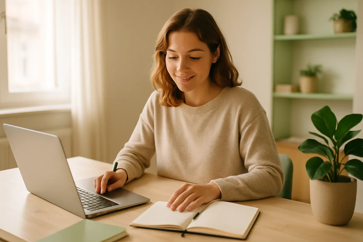 Aufgeräumter Schreibtisch im Homeoffice mit Laptop und Unterlagen für die nebenberufliche Selbstständigkeit
