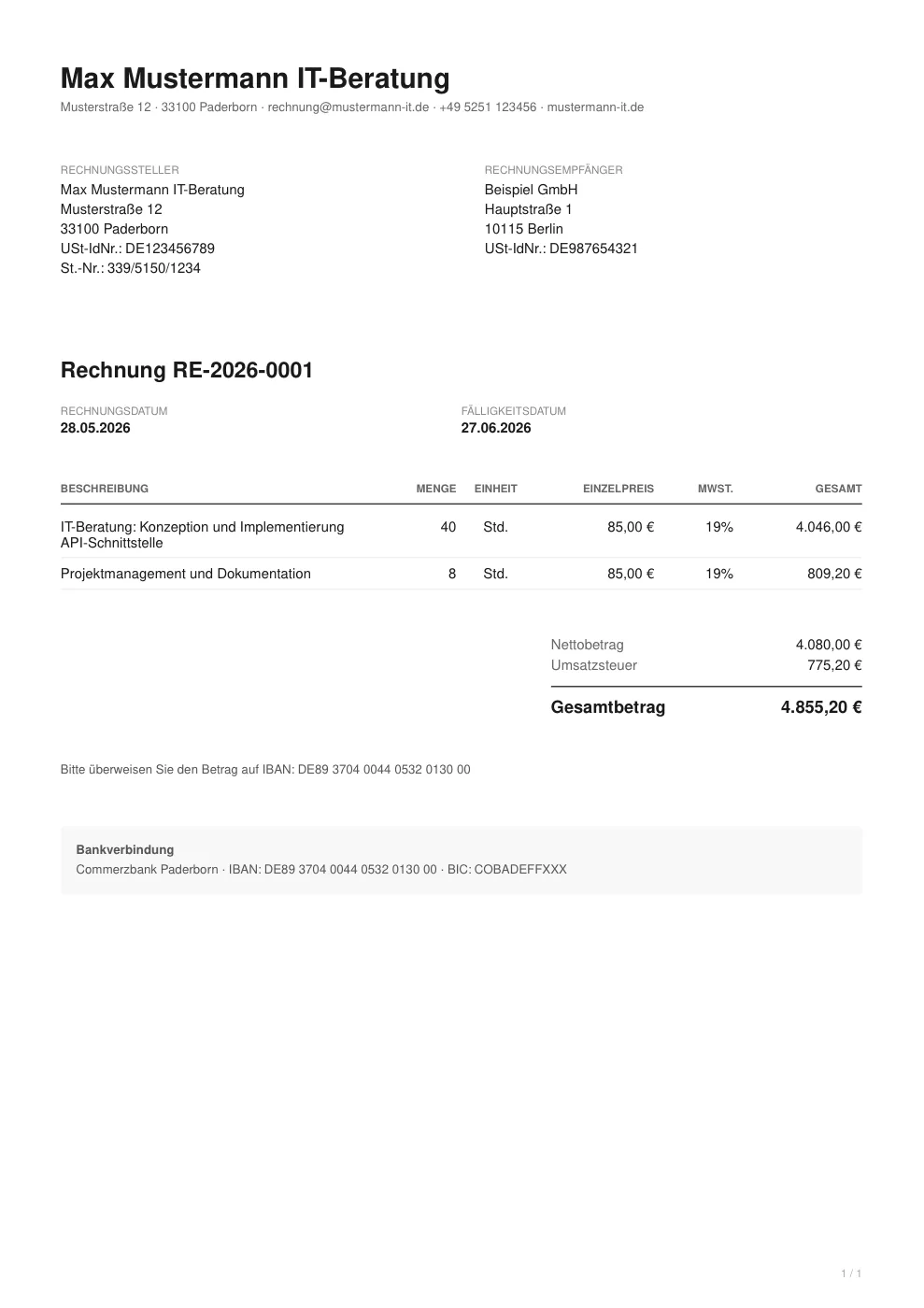 Musterrechnung mit nummerierten Pflichtfeldern nach §14 UStG