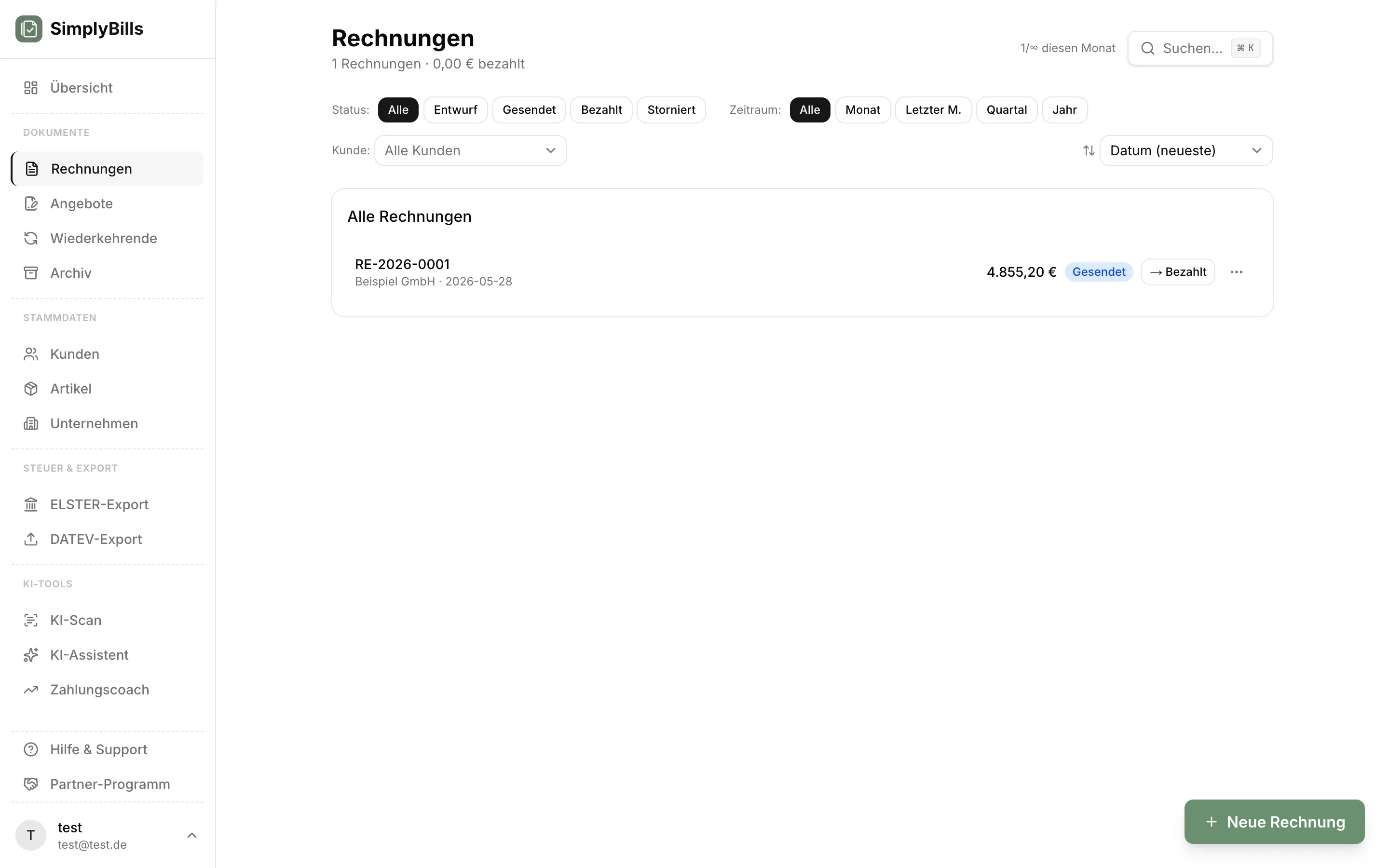 SimplyBills Hauptansicht mit Rechnungsliste und Status