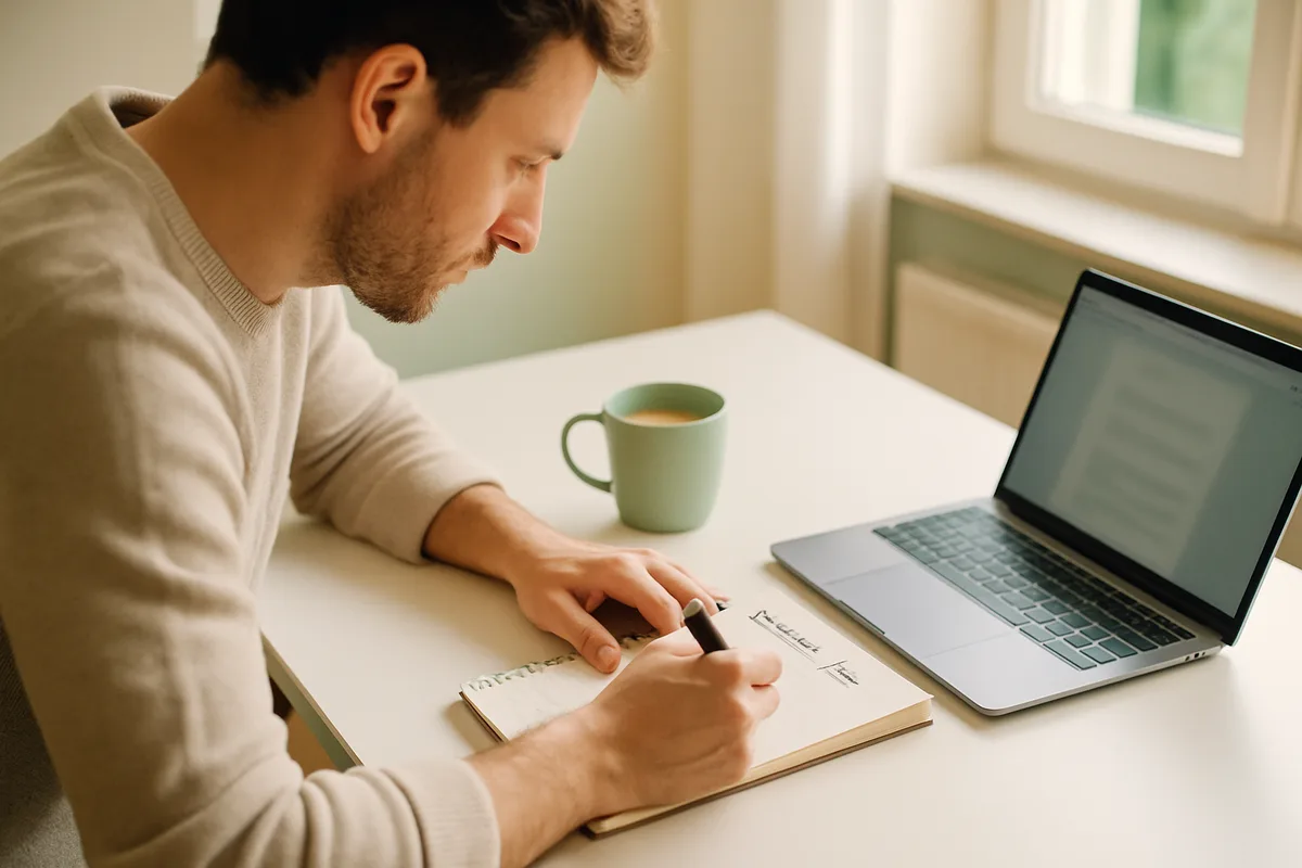 Aufgeklappter Notizblock mit Stift, Laptop, Tablet und Pflanze auf einem Holzschreibtisch zur Planung der Selbstständigkeit