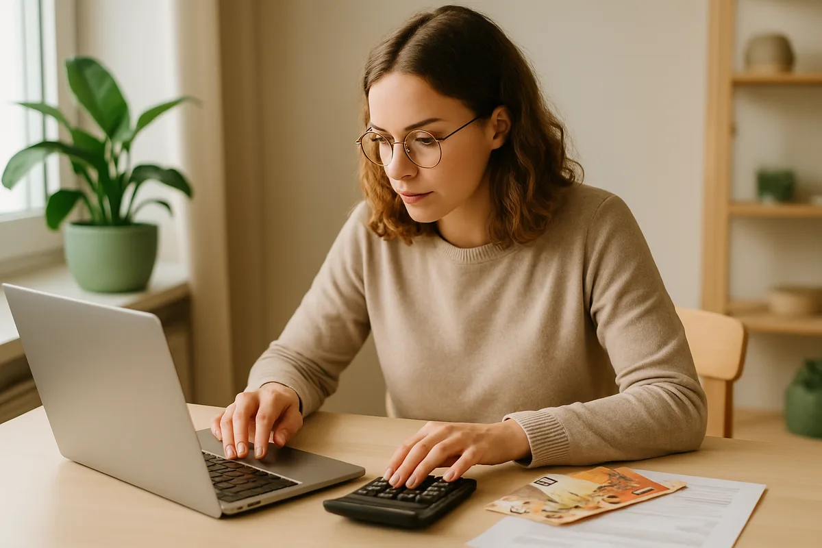 Selbstständige Person erstellt am Laptop die Einnahmen-Überschuss-Rechnung und prüft Belege