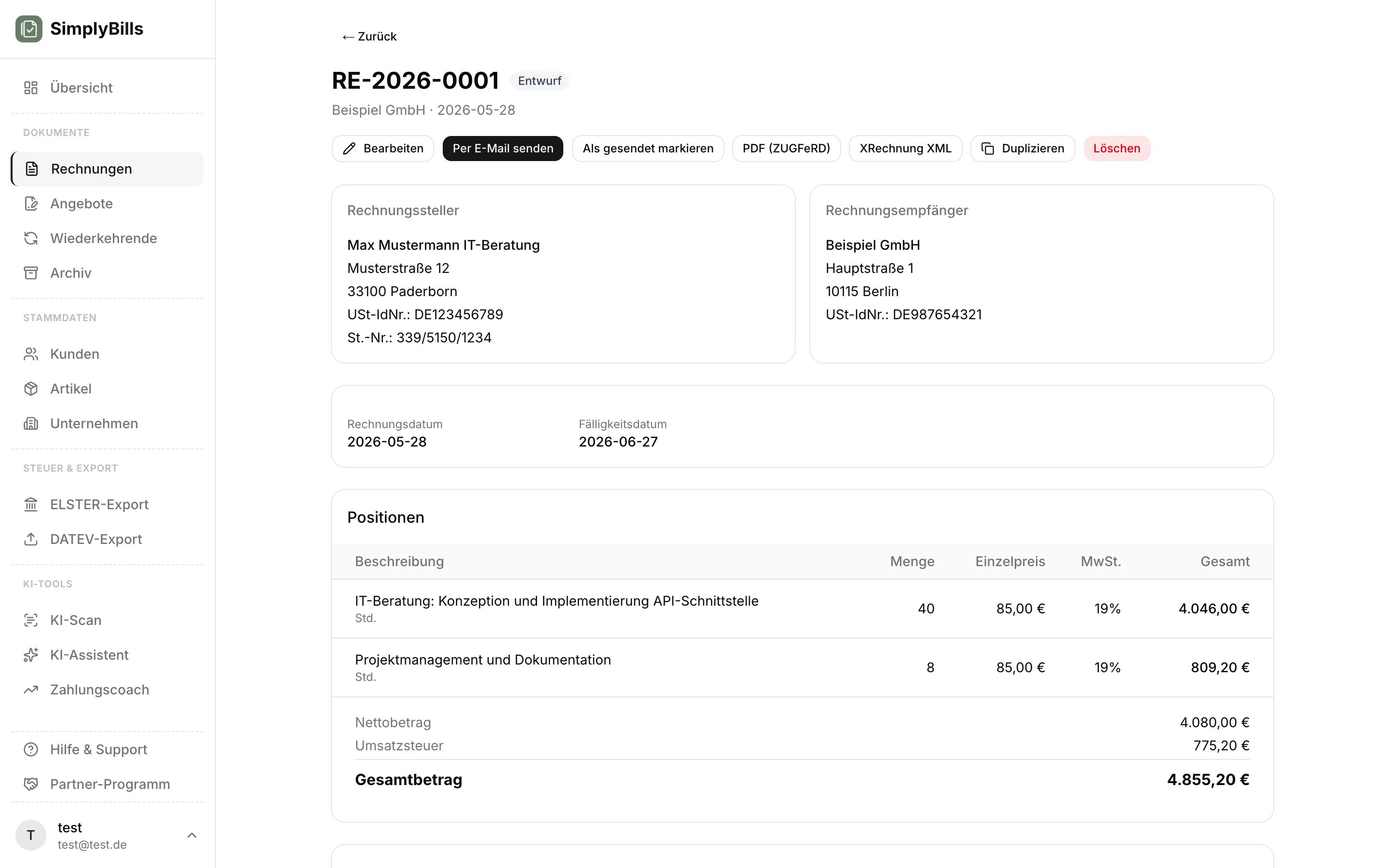 SimplyBills-Oberfläche mit Format-Auswahl zwischen XRechnung und ZUGFeRD
